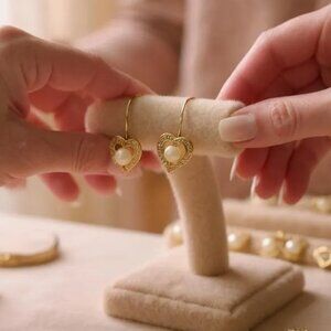 VINTAGE 1950s AUSTRIA Pearl Heart Gold Dainty Earrings CZ Diamonds Victorian